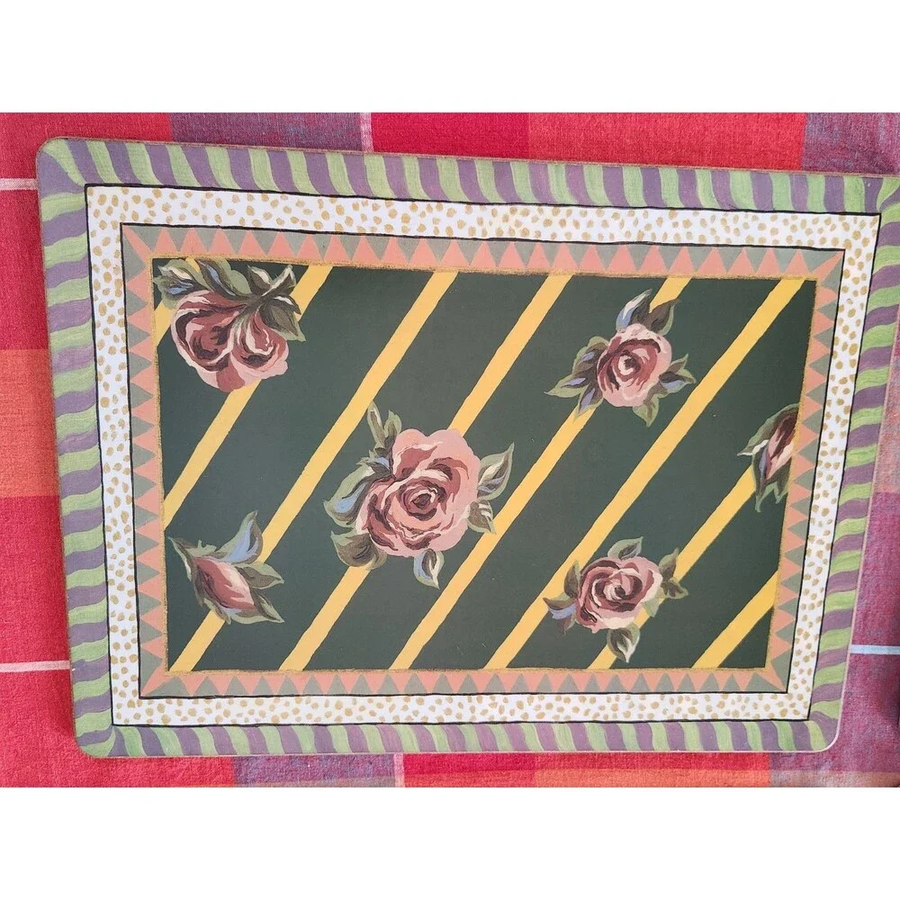 Set of 5 Mackenzie Childs Cork Placemats 3 Courtly Check Fish 2 Roses Floral